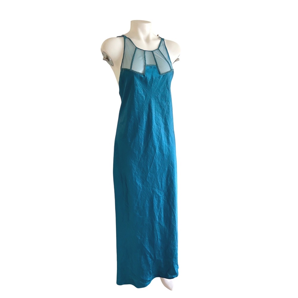 Vintage Victorias Secret Gold Label Teal‎ Satin Mesh Inset Nightgown Dress Large